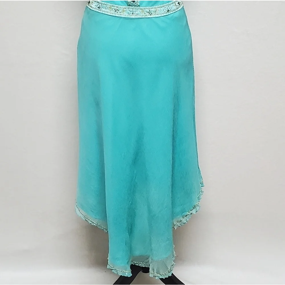 Vintage 90s Laundry by Shelli Segal Aqua Silk Chiffon Sequin T-Back Hi-low Dress - Picture 13 of 16